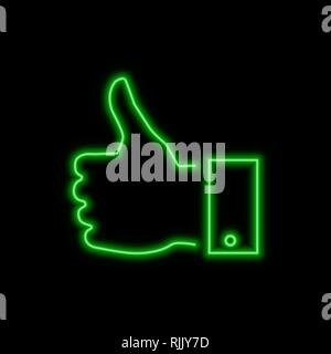 Thumb up, hand like sign. Bright glowing symbol on a black background. Neon style icon. Stock Vector