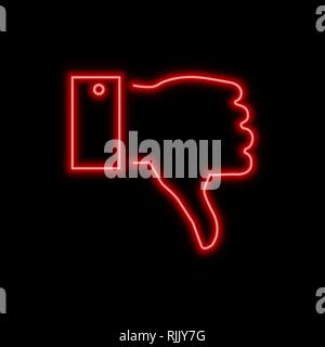 Thumb down, hand dislike sign. Bright glowing symbol on a black background. Neon style icon. Stock Vector