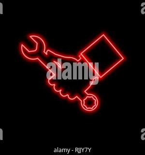 Hand holds a wrench, repair neon sign. Bright glowing symbol on a black background. Neon style icon. Stock Vector