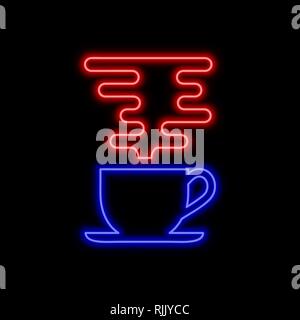Coffee cup with steam neon sign. Bright glowing symbol on a black background. Neon style icon. Stock Vector