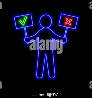 Man figure with approve and reject signs. Choice concept neon sign. Bright glowing symbol on a black background. Neon style icon. Stock Vector