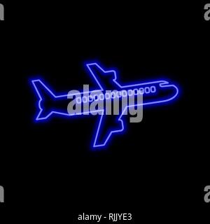 Flying passenger airplane, airliner neon sign. Bright glowing symbol on a black background. Neon style icon. Stock Vector