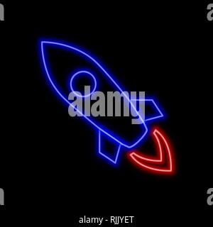 Fying rocket neon sign. Bright glowing symbol on a black background. Neon style icon. Stock Vector