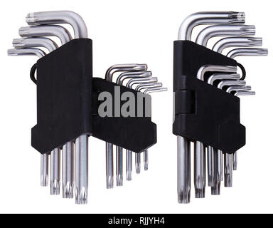 Set of Hex keys (Allen wrenches) in black plastic holder isolated on a white background. This tool used to drive bolts and screws with hexagonal sock Stock Photo
