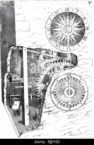 A woodcut engraving depicting a Clepsydra in which the weight of water operated the escapement in different tanks. Dated 17th century Stock Photo