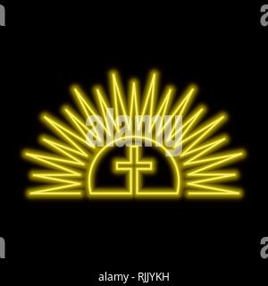 Shining sun and cross neon sign. Resurection concept. Bright glowing symbol on a black background. Neon style icon. Stock Vector