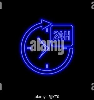 24 hours service neon sign. Bright glowing symbol on a black background. Neon style icon. Stock Vector