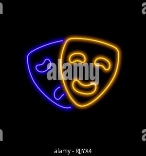 Theater masks neon sign. Bright glowing symbol on a black background. Neon style icon. Stock Vector