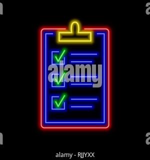 Clipboard with all checked boxes neon sign. Bright glowing symbol on a black background. Neon style icon. Stock Vector