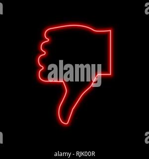 Thumb down, dislike neon sign. Bright glowing symbol on a black background. Neon style icon. Stock Vector