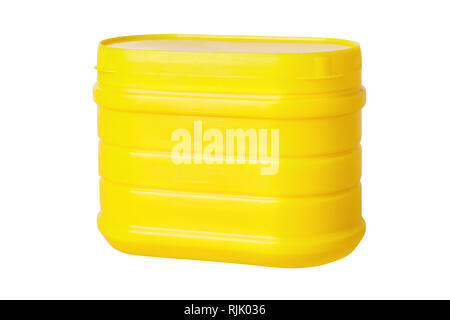 Yellow matte plastic jar with ribbed lid for dry products - hot chocolate, cocoa, instant coffee. Stock Photo