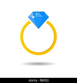 Shiny jeweled golden ring. Diamond engagement and wedding ring. Flat design Stock Vector