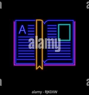Open book neon sign. Bright glowing symbol on a black background. Neon style icon. Stock Vector