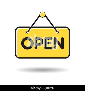 Hanging Door Sign Board with text "OPEN". Isolated On White Background Stock Vector