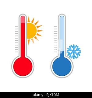 Meteorology thermometers. Measuring hot and cold temperature. Snowflake, sun icons. Stock Vector