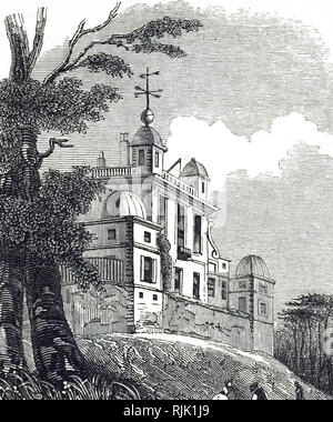 An engraving depicting a view of the Royal Observatory, from Greenwich Park. Designed by Sir Christopher Wren (1632-1723) an English anatomist, astronomer, geometer, mathematician-physicist and architect. Dated 19th century Stock Photo