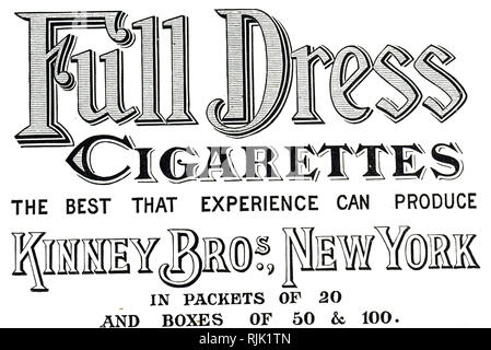 An advertisement for Full Dress Cigarettes from Kinney Bros., New York. The cigarettes were available in packets of 20 and boxes of 50 and 100. Dated 19th century Stock Photo