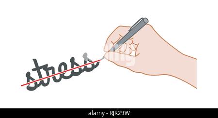 Hand with a pen crossed out the word "stress". Hand drawn style illustration Stock Vector