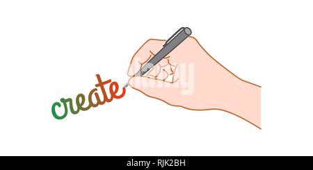 Hand with a pen writing word 'create'. Hand drawn style illustration Stock Vector