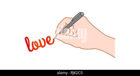 Hand with a pen writing word "love". Hand drawn style illustration Stock Vector