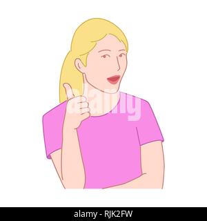 Surprised blond girl showing thumbs up. Like gesture concept. Hand drawn style doodle design illustration Stock Vector