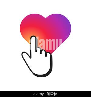 Hand cursor clicking on a heart shape. Heart with smooth color gradient Stock Vector