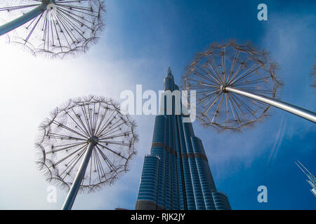 View of Burj Khalifa from urban space in Dubai marina