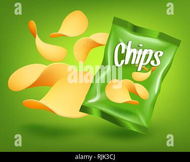 Green chips package with yellow crispy snacks, advertising concept Stock Vector