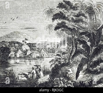 An engraving depicting a Jamaican sugarcane plantation during the sugar boom. African slaves harvested the sugar cane for their British owners. Dated 19th century Stock Photo