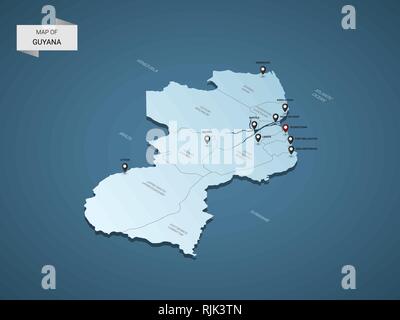 Isometric 3D Guyana map,  vector illustration with cities, borders, capital, administrative divisions and pointer marks; gradient blue background.  Co Stock Vector