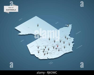 Isometric 3D Guatemala map,  vector illustration with cities, borders, capital, administrative divisions and pointer marks; gradient blue background.  Stock Vector