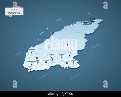 Isometric 3D Honduras map,  vector illustration with cities, borders, capital, administrative divisions and pointer marks; gradient blue background.   Stock Vector