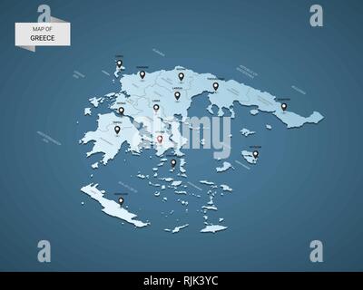 Isometric 3D Greece map,  vector illustration with cities, borders, capital, administrative divisions and pointer marks; gradient blue background.  Co Stock Vector