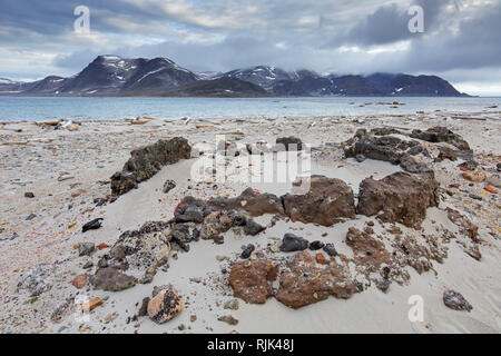 17th century remains of blubber ovens from Dutch whalers at Smeerenburg on Amsterdam Island / Amsterdamøya, Svalbard / Spitsbergen, Norway Stock Photo