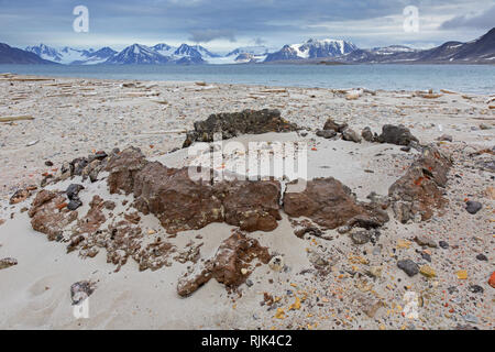 17th century remains of blubber ovens from Dutch whalers at Smeerenburg on Amsterdam Island / Amsterdamøya, Svalbard / Spitsbergen, Norway Stock Photo