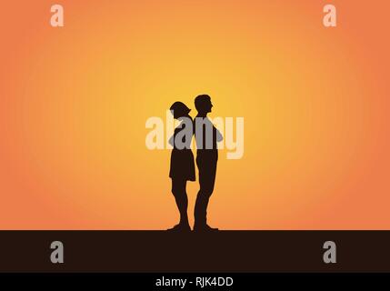 Realistic illustration of a silhouette of a couple of young people, men and women after a quarrel or disagreement. Isolated on an orange background -  Stock Vector