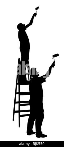 Two men painters painting wall with paint rollers Stock Vector