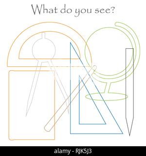 Find hidden objects on the picture, school theme - book, globe, pencil, ruler, protractor, mishmash contour set, fun education game for kids, preschoo Stock Vector