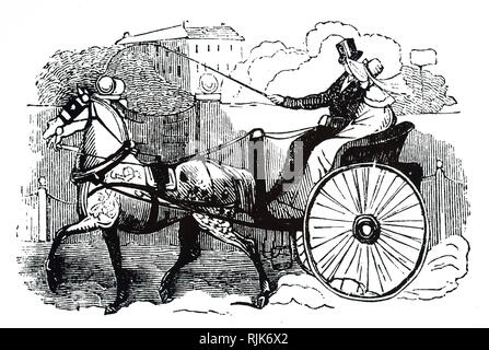 An engraving depicting a gig - a light two-wheeled carriage pulled by ...