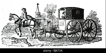 A woodcut engraving depicting a post-chaise, a horse-drawn carriage used for transporting passengers or mail. Dated 19th century Stock Photo