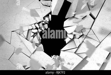 concept of breaking down obstacles. Crack and explosion. Hole in cement and brick wall.3d illustration Stock Photo