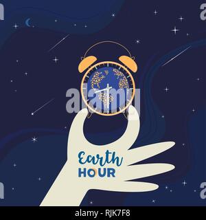 Earth hour day social poster with hand drawn cartoon Stock Vector