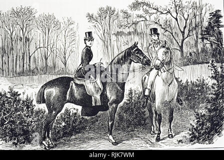An engraving depicting a young couple riding horses. Dated 19th century