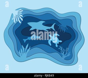 Underwater deep sea background with fish, shark, turtle and coral reefs. Digital paper cut style. Deep blue marine life, diving concept. Ocean life. Stock Vector