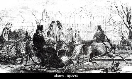 An engraving depicting a sledge drawn by horses in the streets of Stockholm. Dated 19th century Stock Photo