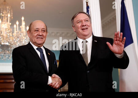 Washington, USA. 6th Feb, 2019. U.S. Secretary of State Mike Pompeo (R) meets with visiting French Foreign Minister Jean-Yves Le Drian at the Department of State in Washington D. C., the United States, on Feb. 6, 2019. Credit: Ting Shen/Xinhua/Alamy Live News Stock Photo
