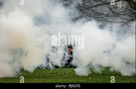 London, UK. 6th Feb 2019. 41 Gun Salute in Green Park by The King’s Troop Royal Horse Artillery marking the 67th anniversary of HM The Queen’s Accession to the Throne Credit: Guy Corbishley/Alamy Live News Stock Photo