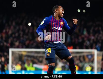 Barcelona, Spain. 6th Feb, 2019. FC Barcelona's Malcom celebrates scoring during the Spanish King's Cup semifinal first leg match between FC Barcelona and Real Madrid in Barcelona, Spain, on Feb. 6, 2019. The match ended with a 1-1 draw. Credit: Joan Gosa/Xinhua/Alamy Live News Stock Photo