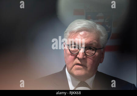 07 February 2019, Hessen, Frankfurt/Main: Federal President Frank-Walter Steinmeier issued a press statement after an interview with police officers. Steinmeier completes a short visit programme in Frankfurt. Photo: Boris Roessler/dpa Stock Photo