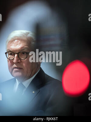 07 February 2019, Hessen, Frankfurt/Main: Federal President Frank-Walter Steinmeier issued a press statement after an interview with police officers. Steinmeier completes a short visit programme in Frankfurt. Photo: Boris Roessler/dpa Stock Photo